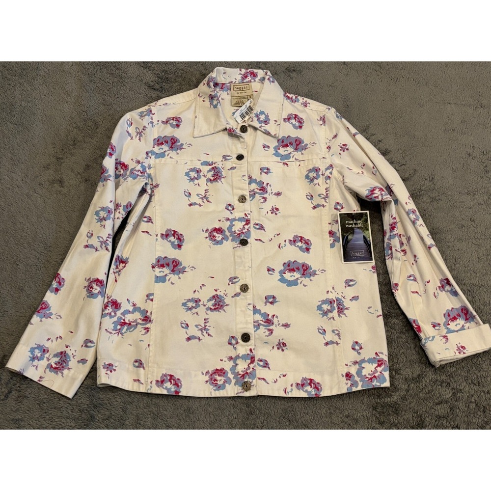 NWT Haggar Jean Jacket Womens Small Tall White Floral Button Pockets Denim
